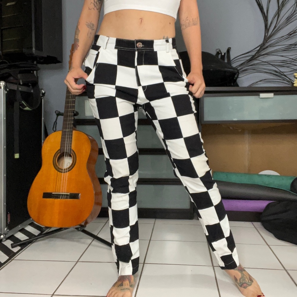 Checkered jeans black and white